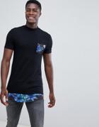 Asos Design Muscle Super Longline Turtleneck T-shirt With Floral Curved Hem Extender And Pocket - White