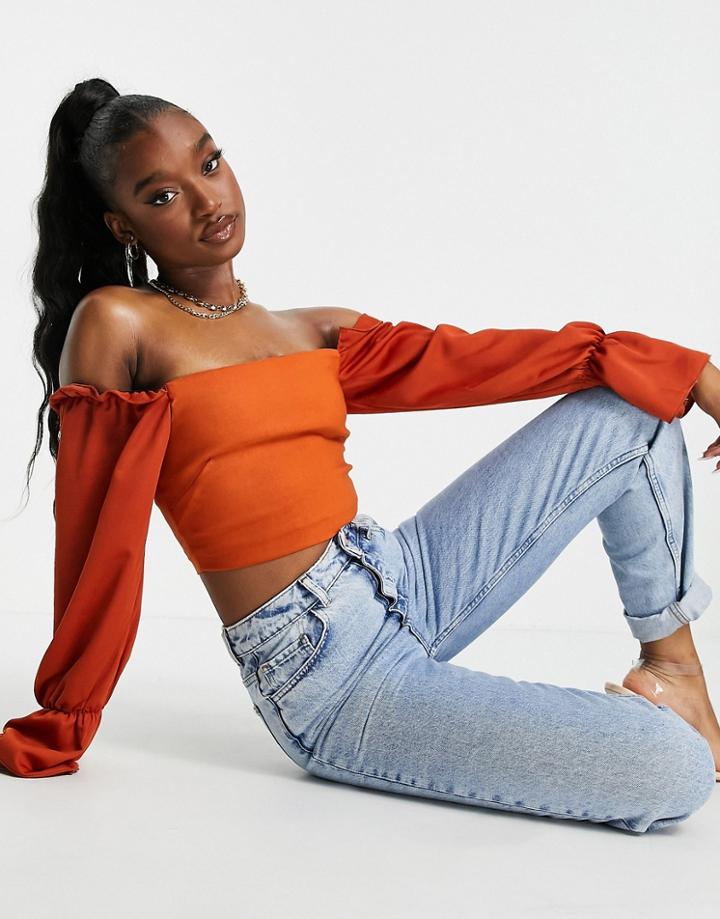 Vesper Off-the-shoulder Crop Top With Ruffle Detail In Rust - Part Of A Set-orange