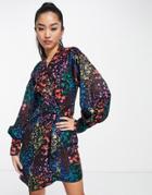 Little Mistress Color Pop Printed Satin Wrap Dress-multi