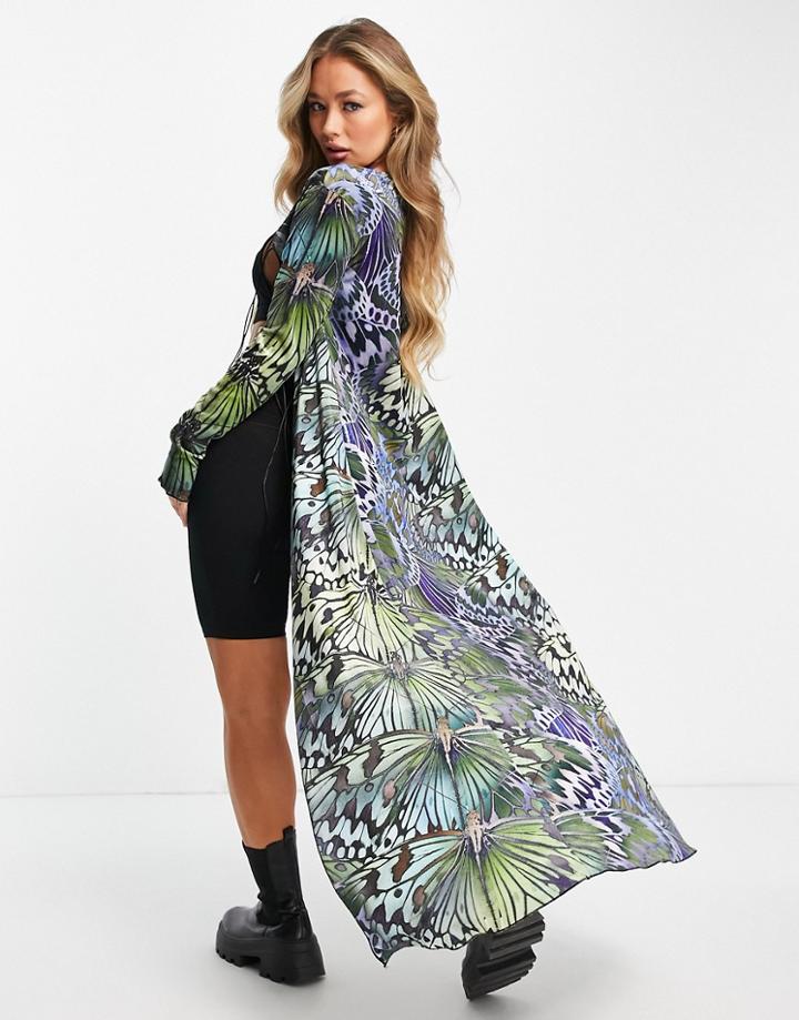Jaded London 90s Maxi Kimono With Tie Front In Velvet Mix Butterfly Print-multi