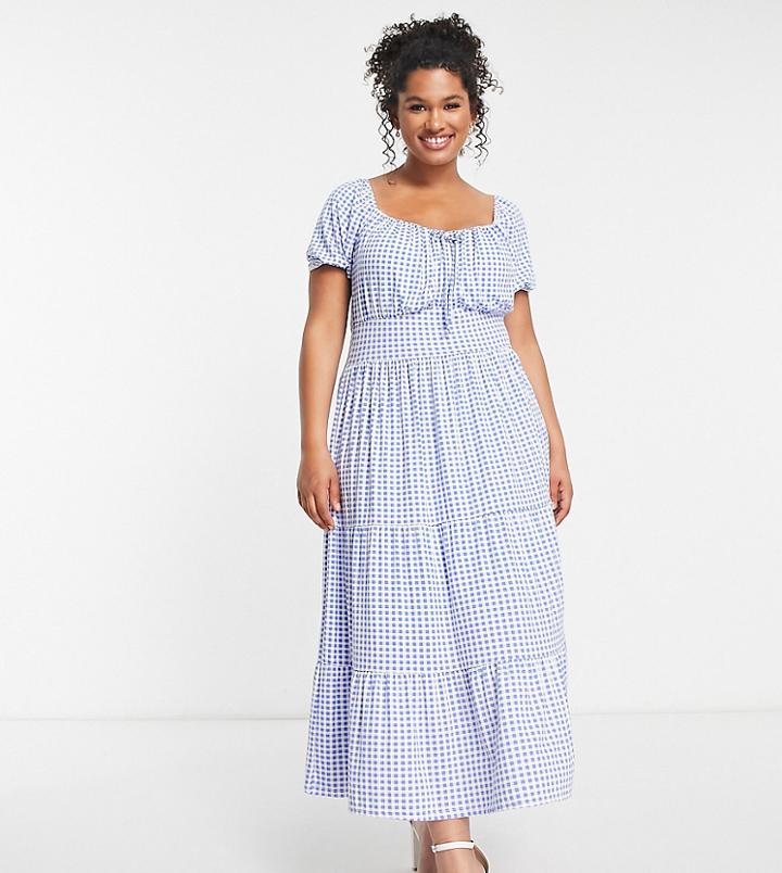 In The Style Plus X Stacey Solomon Sweetheart Neck Tiered Midi Dress In Blue Gingham Print-multi