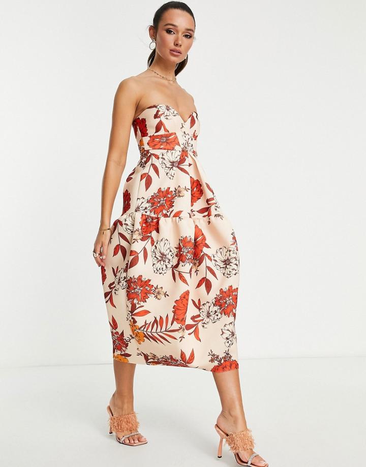Asos Design Bandeau Dome Midi Dress In Floral-multi