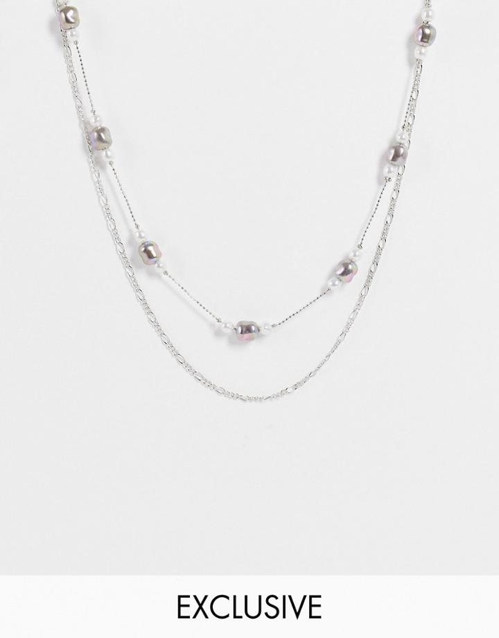 Reclaimed Vintage Inspired Multirow Necklace In Dark Faux Pearls In Silver