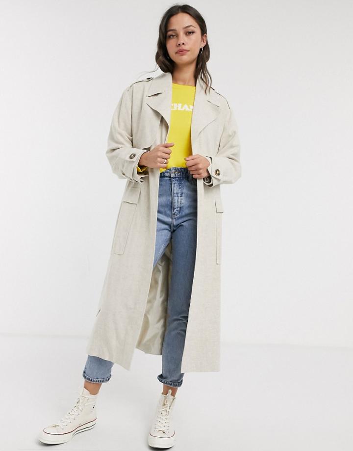 Asos Design Luxe Oversized Linen Look Trench Coat In Cream-white