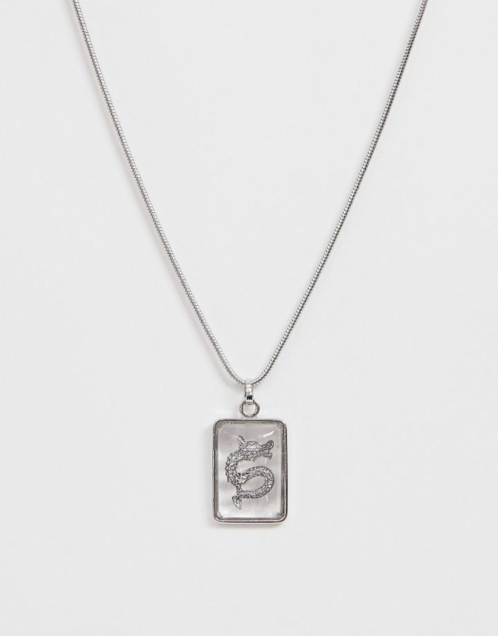 Asos Design Necklace With Jewel And Engraved Dragon Detail In Silver Tone