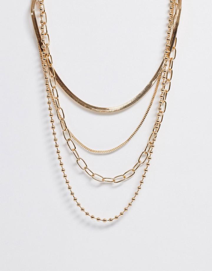 Asos Design Multirow Necklace With Flat Snake And Ball Chain In Gold Tone