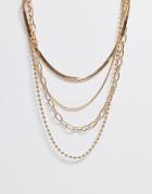 Asos Design Multirow Necklace With Flat Snake And Ball Chain In Gold Tone