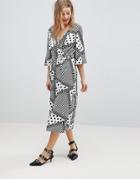 Influence Wrap Midi Dress With Flared Sleeve In Spot & Stripe Print - Black