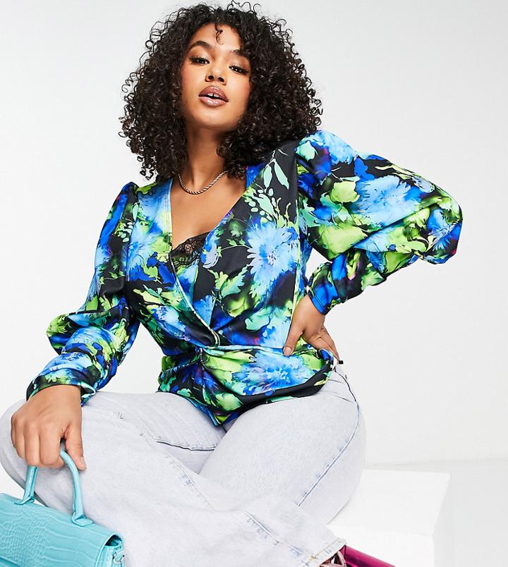 Asos Design Curve Stretch Blouse With Lace Detail In Blue Abstract Floral