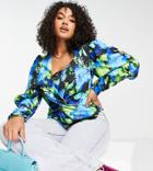 Asos Design Curve Stretch Blouse With Lace Detail In Blue Abstract Floral
