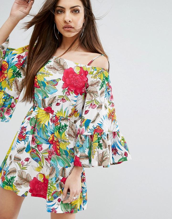 Prettylittlething Tropical Print Ruffle Sleeve Mini Dress - White