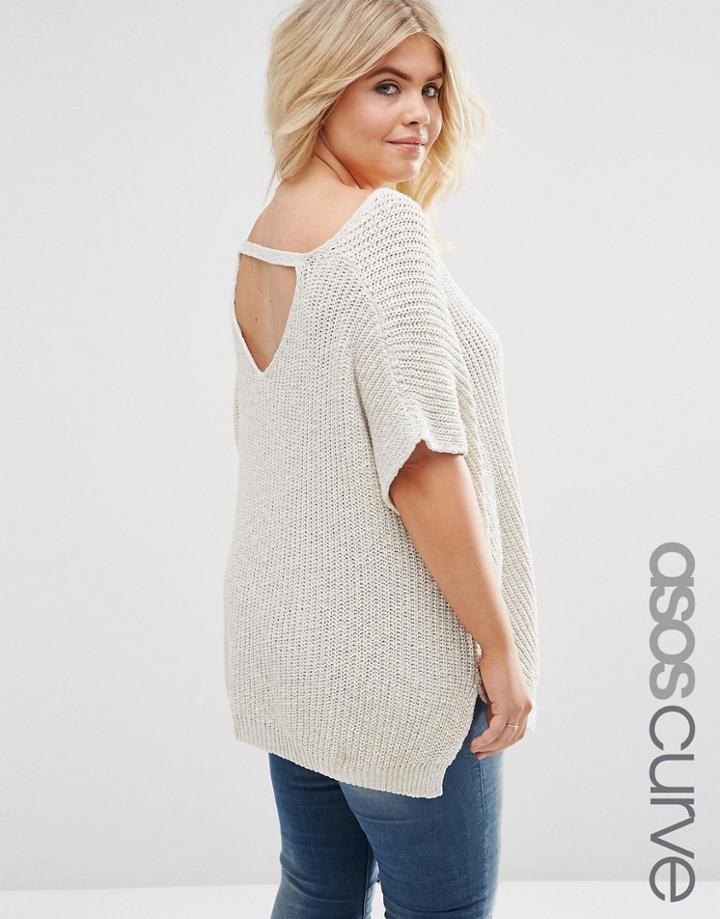 Asos Curve Sleeveless Chunky Knit Top With V Back & Sides Splits - Natural