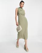 Asos Design Sleeveless Cowl Front Midi Pencil Dress In Pale Khaki-green