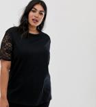 Pink Clove Relaxed T-shirt With Delicate Lace Sleeves - Black