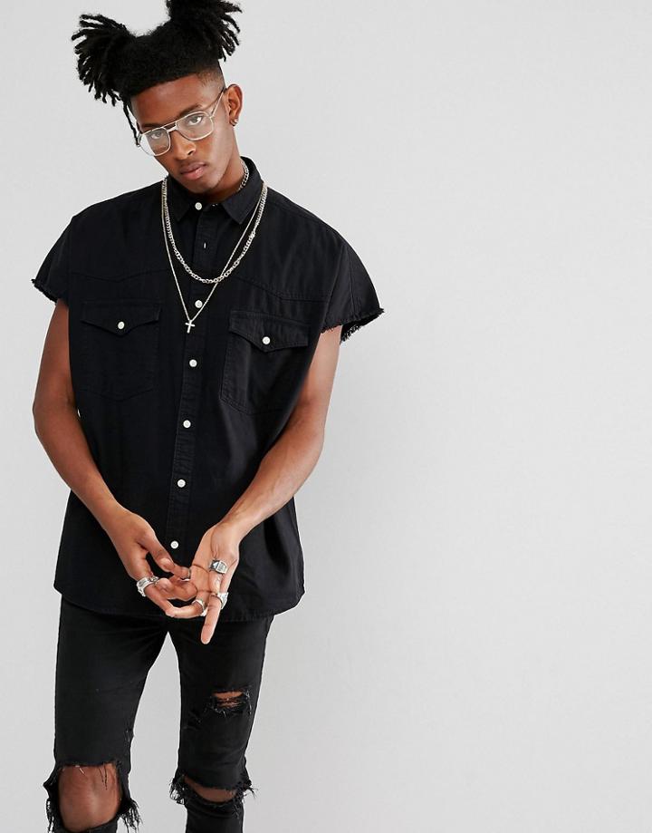Asos Oversized Western Denim Shirt In Black - Black