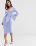Asos Design Long Sleeve Plunge Tie Belt Midi Dress-blue