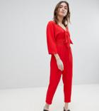 Lost Ink Petite Jumpsuit With Tie Front And Shirred Waist - Red