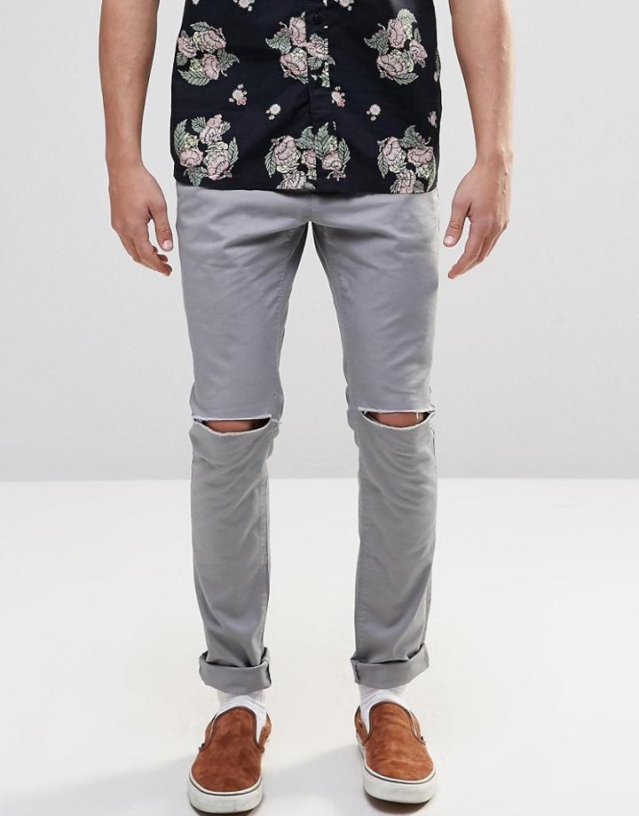 Asos Skinny Cotton Trousers In Grey With Knee Rip - Warm Gray