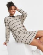 Asos Design Oversized Long Sleeve T-shirt Dress In Taupe And Black Stripe-neutral