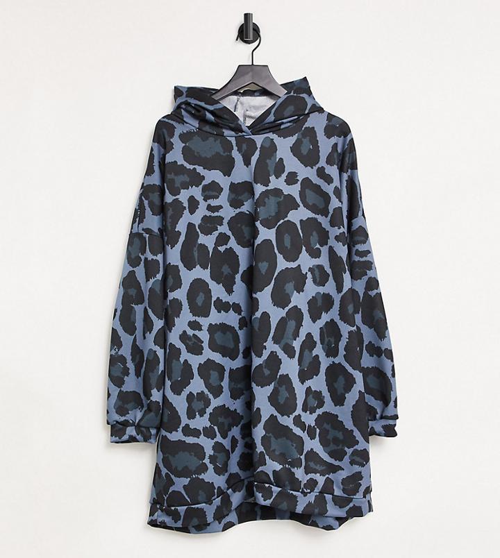 Asos Design Curve Mini Sweatshirt Hoodie Dress In All Over Blue Leopard Print-blues