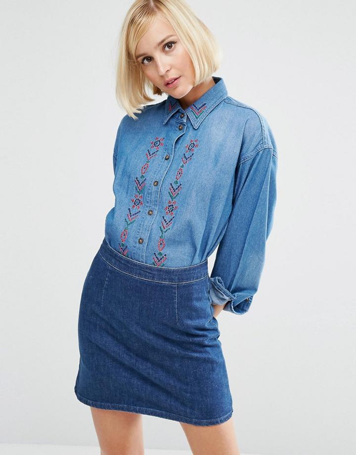 Asos Denim Embroidered Boyfriend Shirt - Blue