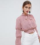 River Island Petite Plisse Crop Top With Puff Sleeves - Pink