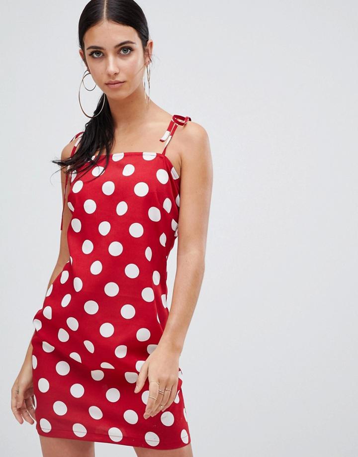 Boohoo Tie Strap Cami Min Dress In Polka Dot - Red