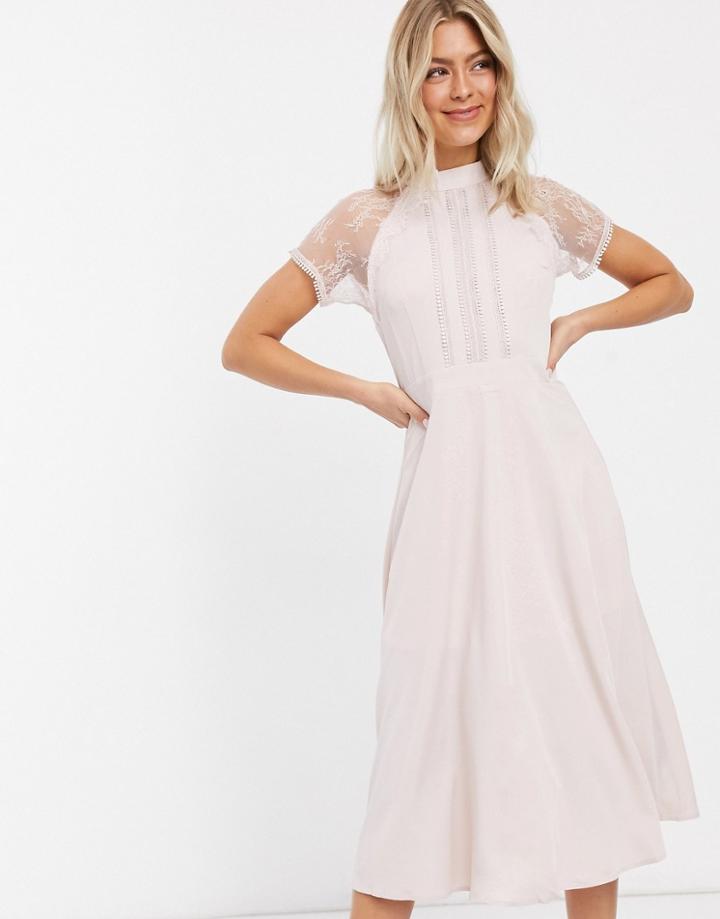 Liquorish A-line Lace Detail Midi Dress In Mink-pink