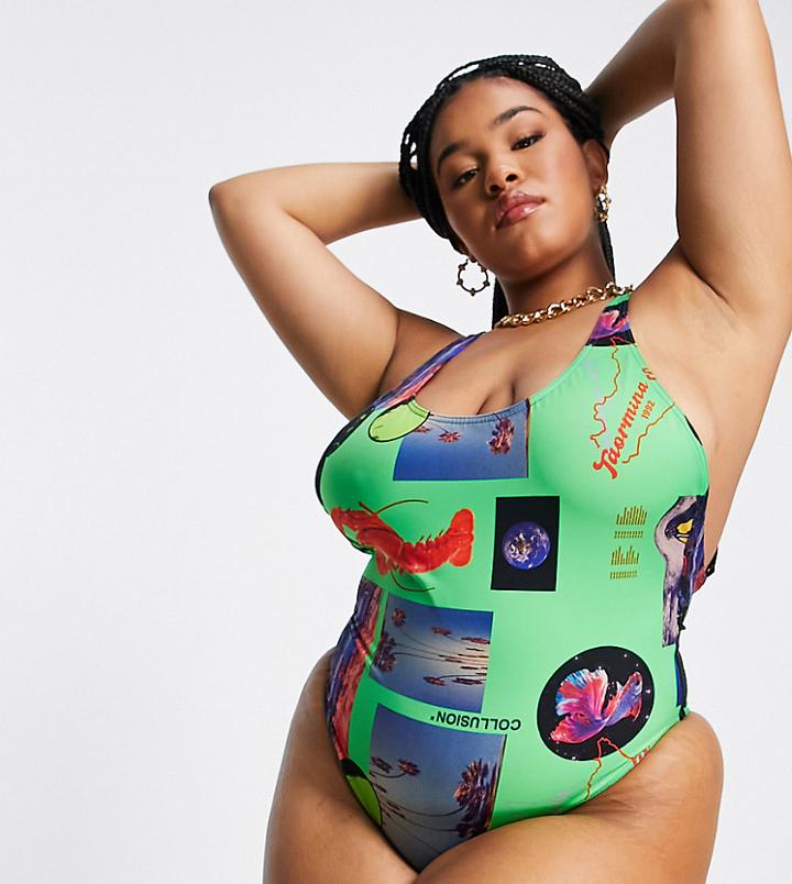 Collusion Plus Recycled Halterneck Swimsuit In Neon Photographic Print In Green