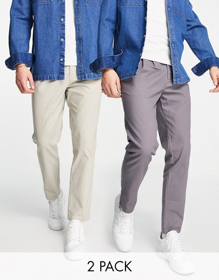 Asos Design 2 Pack Cigarette Chinos In Beige And Charcoal Save-multi