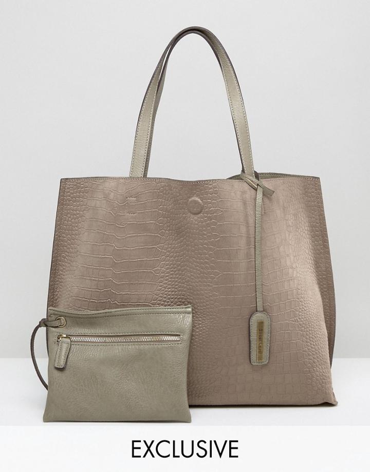 Street Level Moc Croc Sudette Tote Bag In Stone - Beige