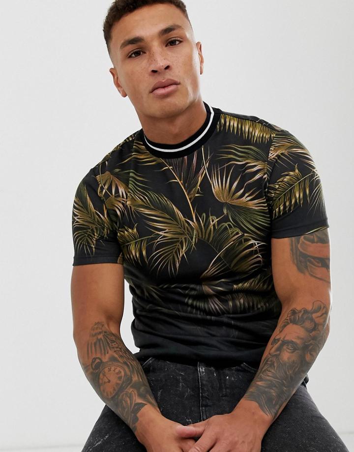 Asos Design T-shirt With Floral Print And Tipped Neck Rib-black
