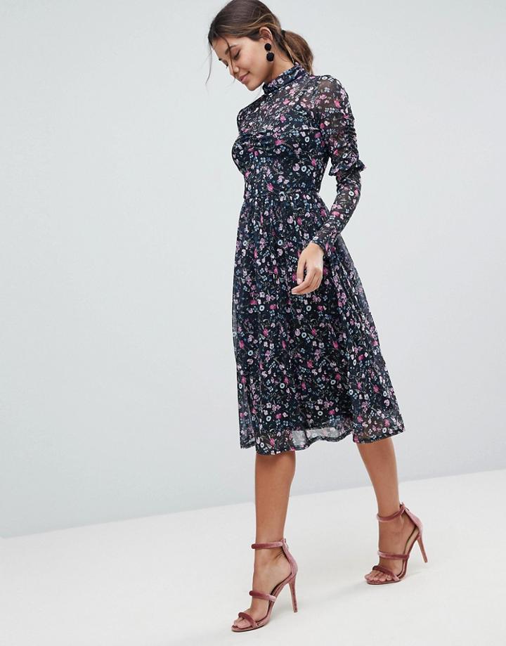 Asos Mesh Ditsy Print Midi Dress With High Neck - Multi
