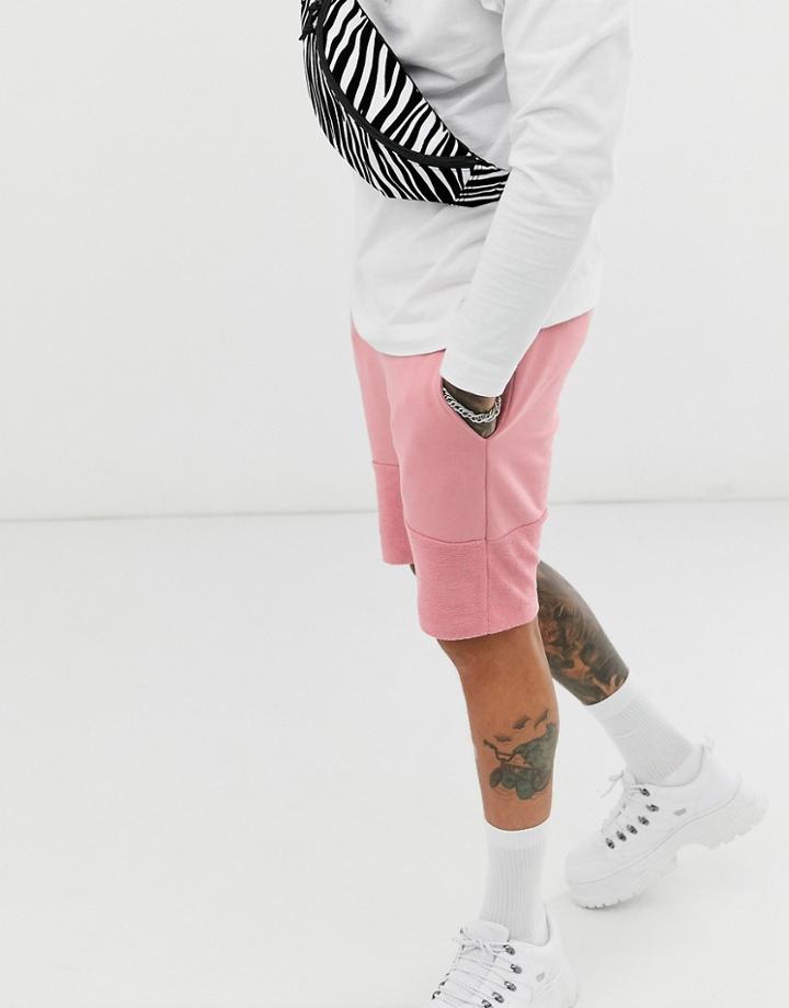 Asos Design Jersey Skinny Shorts With Reverse Panel In Pink