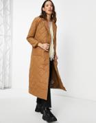 Only Tie Waist Quilted Coat In Tan-brown