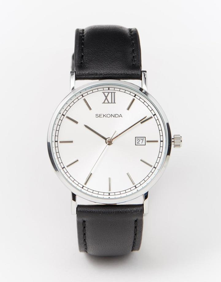 Sekonda Silver Face Black Leather Strap Watch - Black