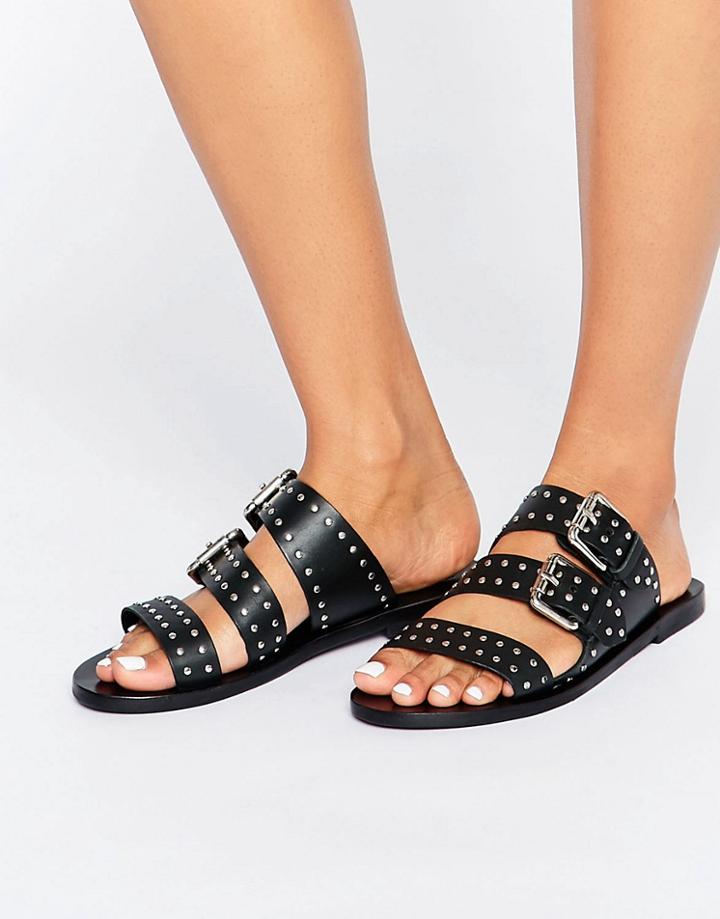 Sol Sana Foster Lii Studded Black Leather Slide Flat Sandals - Black