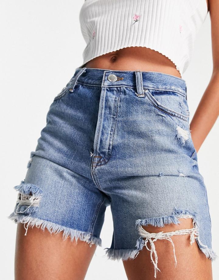 Miss Selfridge Denim Longline Short In Midwash Blue-blues