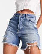Miss Selfridge Denim Longline Short In Midwash Blue-blues