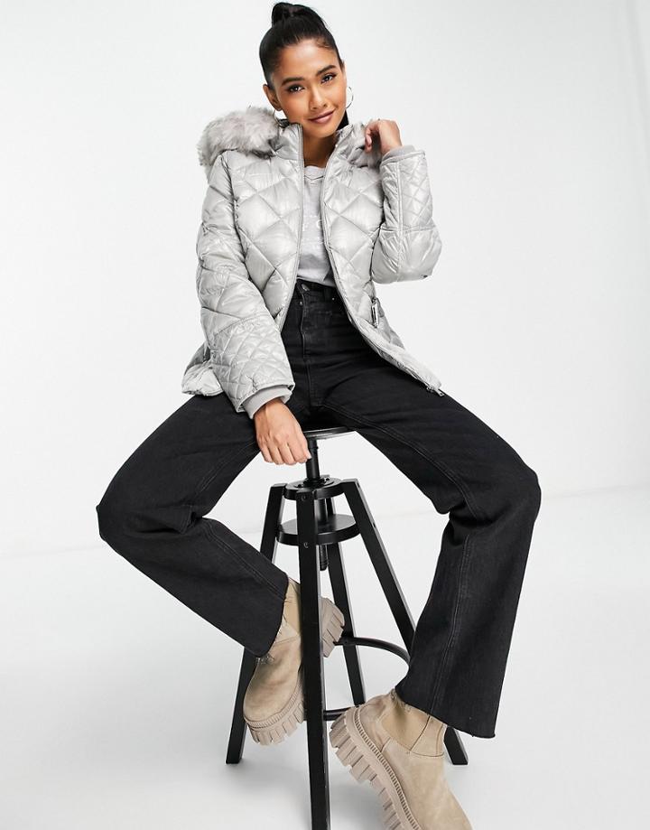 River Island Belted Patent Quilted Padded Jacket With Faux-fur Hood In Gray-grey