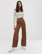 Asos Design Wide Leg Pants In Textured Rib With Natural Buttons-brown