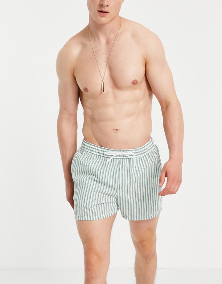 Asos Design Swim Shorts In Green Seersucker Stripe Short Length-multi