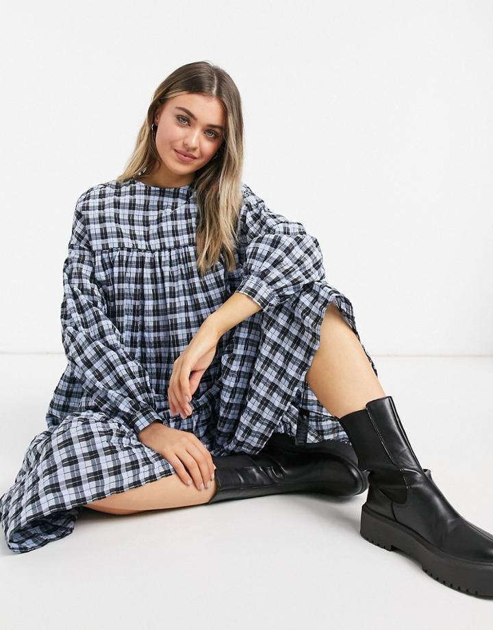 Asos Design Plaid Midi Smock Dress With Pephem-multi