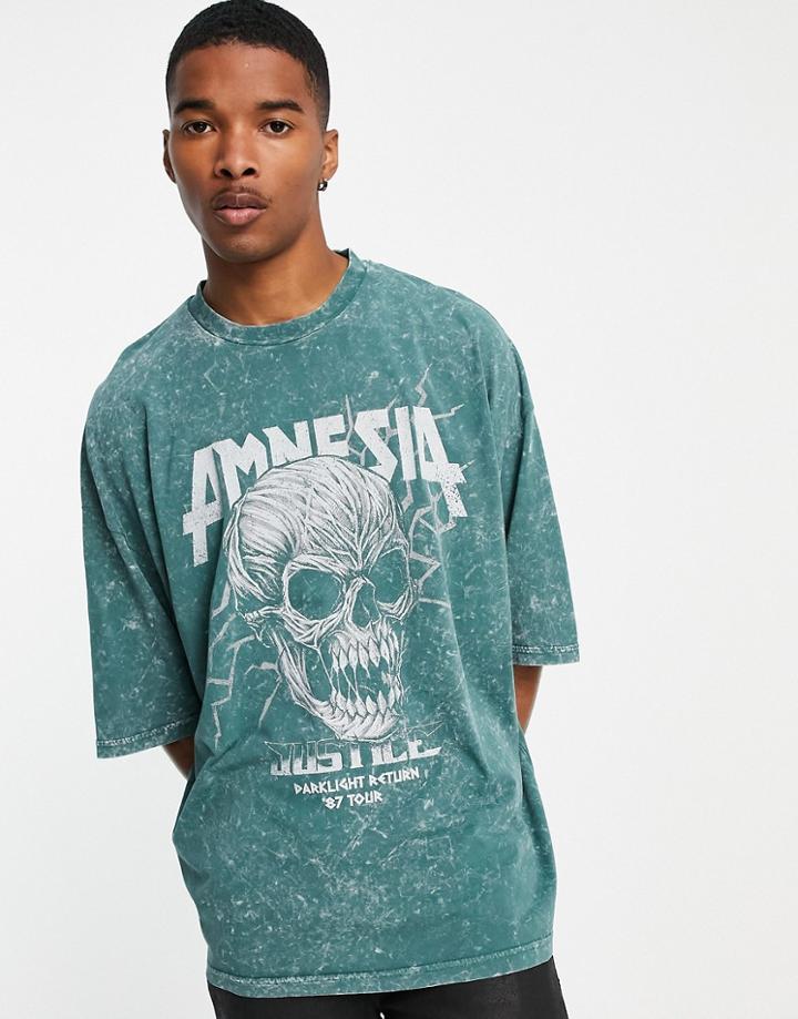 Asos Design Oversized T-shirt In Green Acid Wash With Skull Print