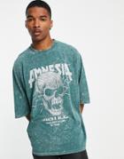 Asos Design Oversized T-shirt In Green Acid Wash With Skull Print