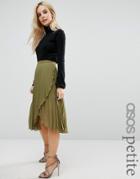 Asos Petite Pleated Midi Skirt With Wrap Front Detail - Green