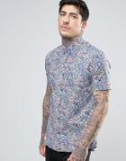 Pretty Green Camley Paisley Shirt Short Sleeve Slim Fit In Blue - Blue