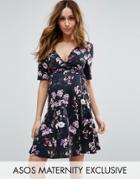 Asos Maternity Mini Tea Dress In Dark Vintage Floral Print - Multi
