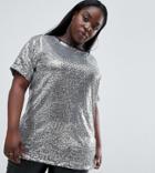 Lasula Plus Sequin Longline T-shirt In Silver - White