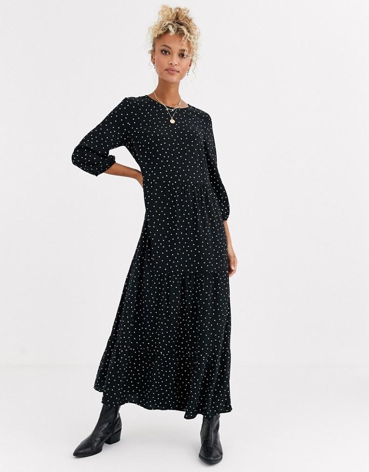 New Look Tiered Midaxi Smock Dress In Polka Dot-black